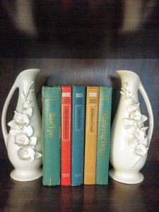 White vases and books