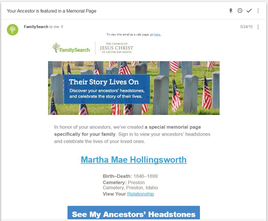 FamilySearch memorial day email