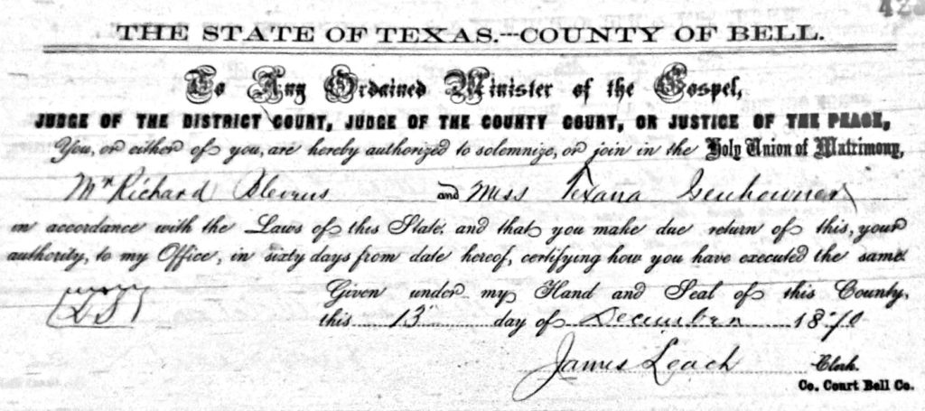 1870 Marriage, Texana Isenhour and Richard Blevins, Bell Co. TX