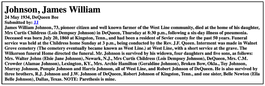 Scree shot of James Johnson transcribed obituary