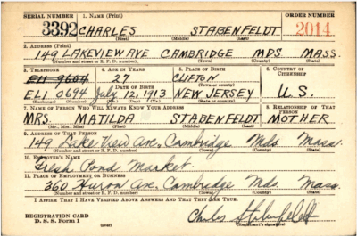 World War two draft registration card for Charles Stabenfeldt listing Mathilda Stabenfeldt as the person who would always know his location.